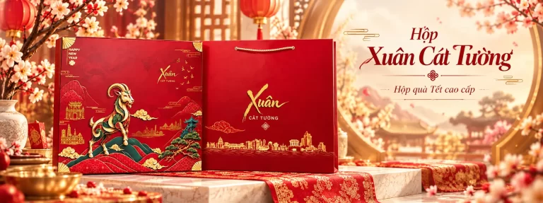 Hộp quà tết 2027 Xuân Cát Tường màu đỏ họa tiết linh vật dê kèm túi giấy