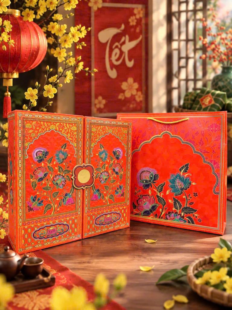 Hộp quà tết hai cánh cửa màu cam họa tiết hoa lá