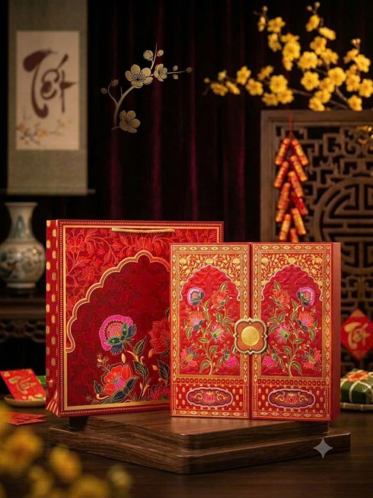 Hộp quà tết cánh cửa màu đỏ bên cành hoa mai vàng