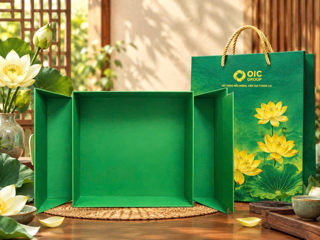 Bên trong hộp quà tết màu xanh lá họa tiết hoa sen khi mở nắp