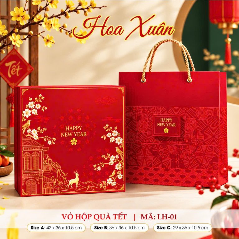Hộp quà tết Hoa Xuân màu đỏ họa tiết hoa mai kèm túi giấy