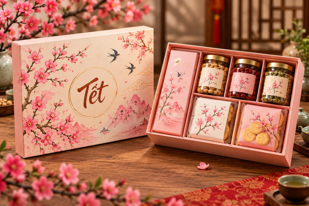 Hộp quà tết màu hồng họa tiết hoa đào, khay chia ngăn đựng hũ mứt và bánh