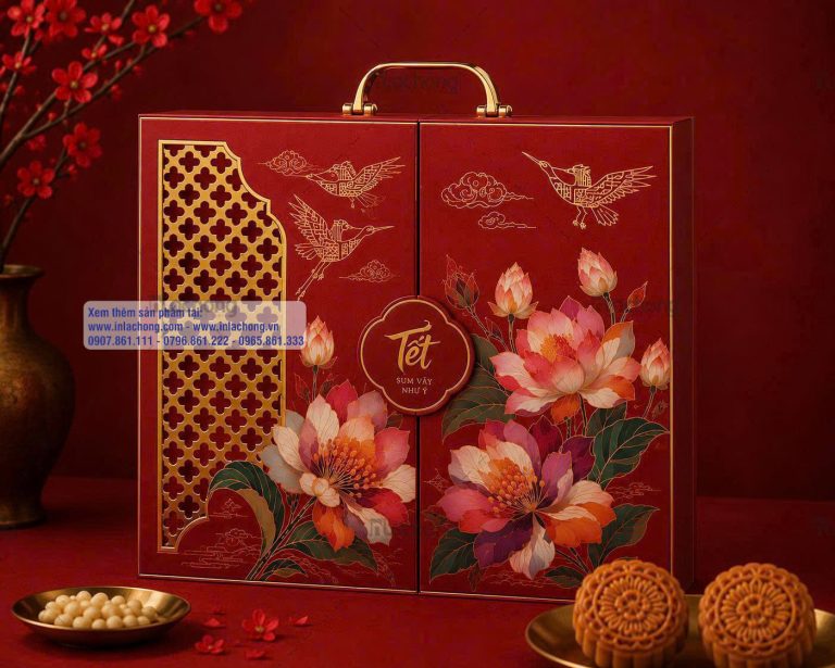 Hộp quà tết dạng vali màu đỏ họa tiết hoa mẫu đơn và quai xách
