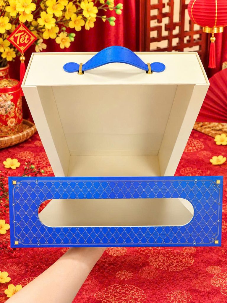 Hộp quà tết dạng vali mở nắp, lòng hộp trắng và quai xách xanh