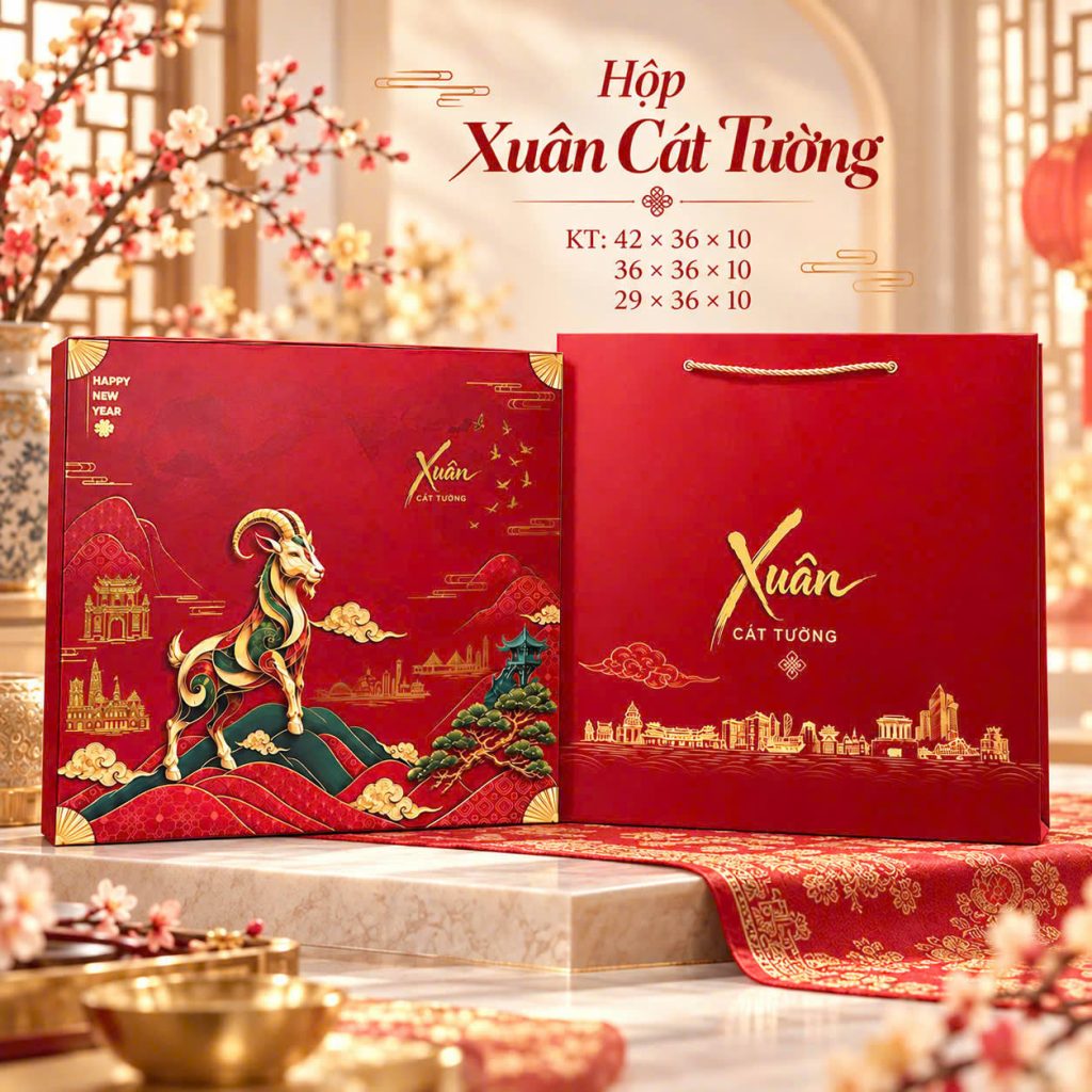 Hộp quà tết cứng màu đỏ in họa tiết dê và túi giấy đồng bộ